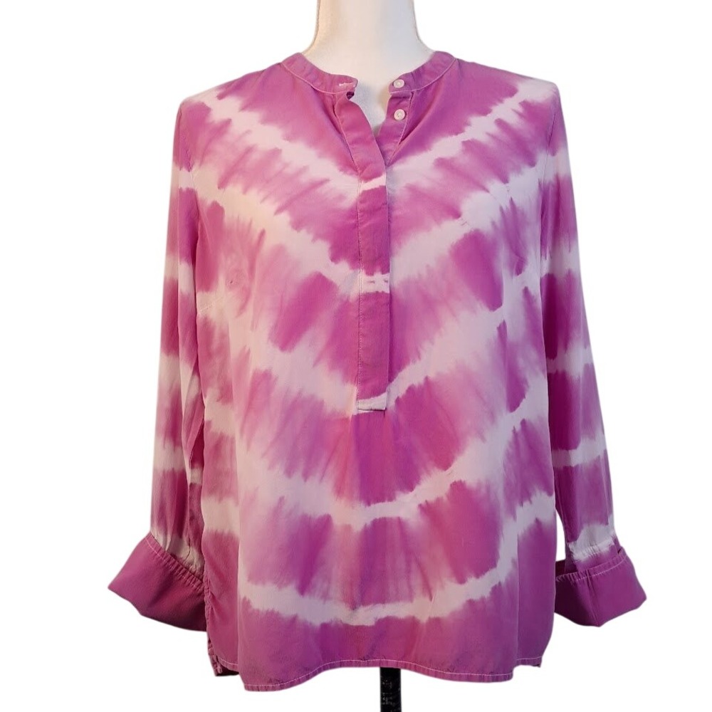 J. CREW M Pink White Tie Dye Popover Blouse 100% Silk Long Sleeve‎ Collared Boho
